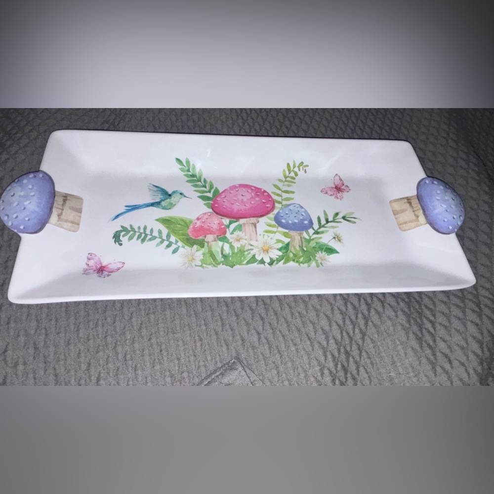 Colorful Mushroom and Bird Decorative Tray